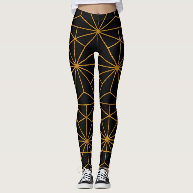 Black and gold art deco geometric pattern leggings (Front)