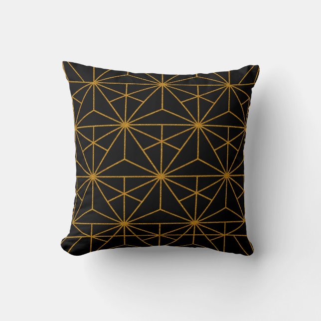 Black and gold art deco geometric pattern throw pillow (Front)