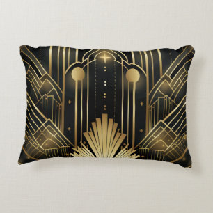 Black and Gold Art Deco - Geometric Vintage Elegan Accent Pillow