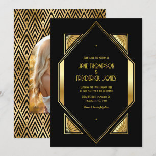 Black and Gold Art Deco Gold Wedding Photo Invitation