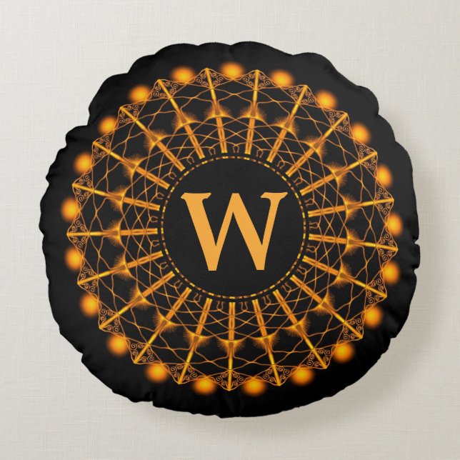 Black and Gold Art Deco Mandala - Personalized Round Pillow (Front)