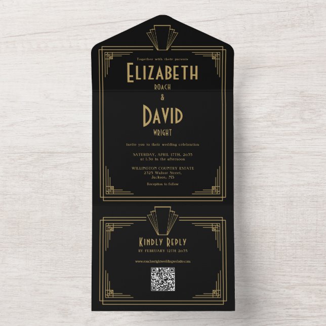 Black And Gold Art Deco Monogram QR Code Wedding All In One Invitation (Inside)