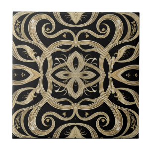 Black and Gold Art Deco Ornate Design Tile