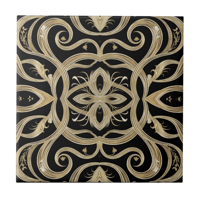 Black and Gold Art Deco Ornate Design Tile (Front)