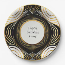 Black and Gold Art Deco Paper Plates Personalized