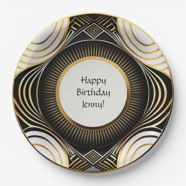 Black and Gold Art Deco Paper Plates Personalized (Front)