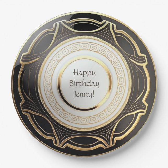 Black and Gold Art Deco Paper Plates Personalized (Front)
