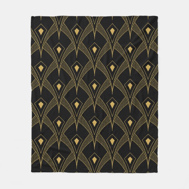 Black and gold art-deco pattern fleece blanket (Front)