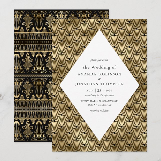 Black and Gold Art Deco Pattern Wedding Invitation (Front/Back)