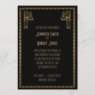 Black and Gold Art Deco Peacock Wedding Invitation