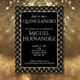 Black and Gold Art Deco Quinceañero 15th Birthday Invitation
