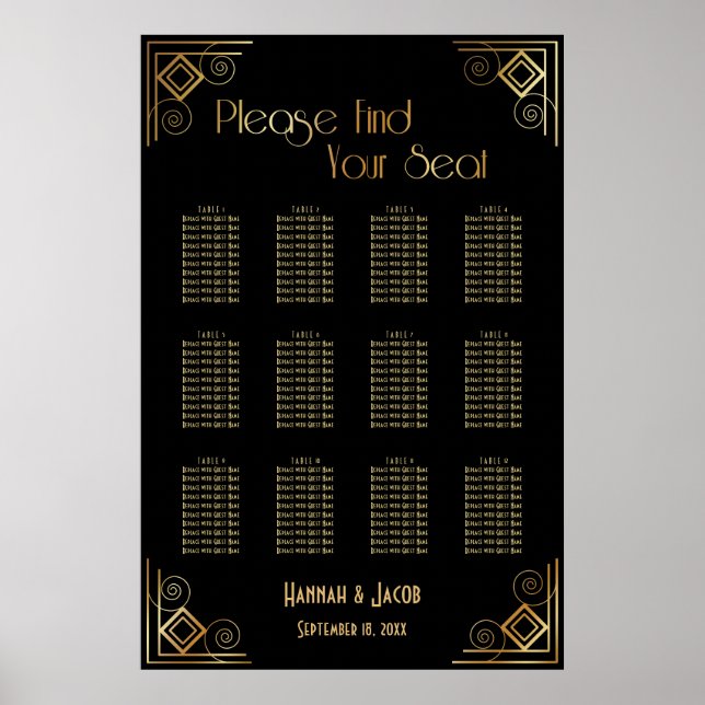 Black and Gold Art Deco Reception Seating Chart (Front)