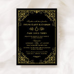 Black and Gold Art Deco Scrollwork Wedding Invitation<br><div class="desc">This dramatic wedding invitation features an ornate gold scrollwork frame with corner flourishes on a rich black background for a stunning 1920s art deco aesthetic. Italic script and classic serif typography in gold present the wedding details with old Hollywood glamour. A decorative sunburst accent and ampersand add vintage flair. All...</div>