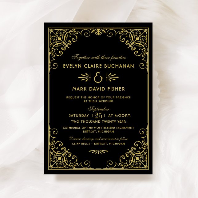Black and Gold Art Deco Scrollwork Wedding Invitation (Creator Uploaded)