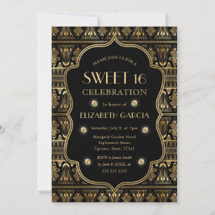 Black and Gold Art Deco Vintage Frame Sweet 16 Invitation
