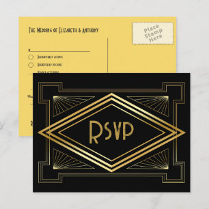 Black and Gold Art Deco Wedding RSVP QR Code Postcard