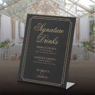 Black And Gold Art Deco Wedding Signature Drinks Pedestal Sign