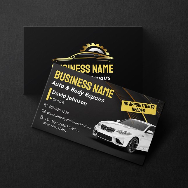 Black and Gold Auto Repair Mechanic Auto Body Shop Business Card (Creator Uploaded)