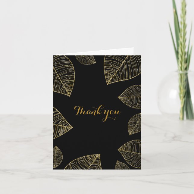 Black and Gold Autumn Filigree Leaves Elegant Thank You Card (Front)
