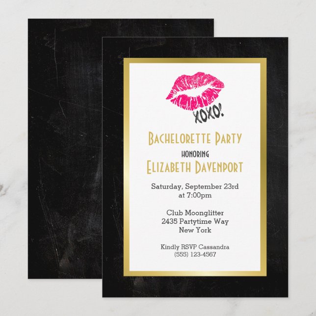 Black and Gold Bachelorette Party with Kissy Lips Invitation (Front/Back)