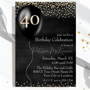 Black and Gold Balloon 40th Birthday Invitation