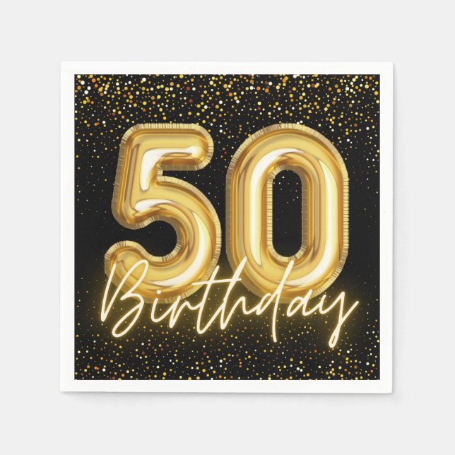 Black And Gold Balloon Numbers 50th Birthday Party Napkin (Front)