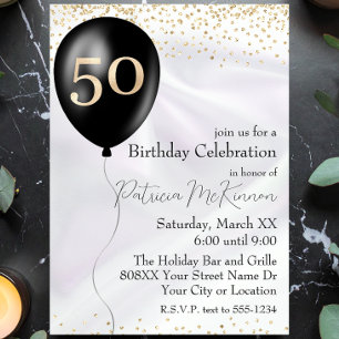 Black and Gold Balloon White Satin 50th Birthday Invitation