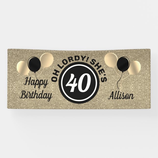 Black and Gold Balloons 40th Birthday Personalized Banner (Horizontal)