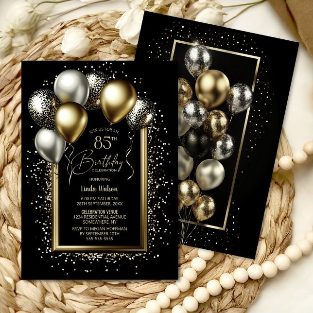Black and Gold Balloons 85th Birthday Party Invitation (Creator Uploaded)