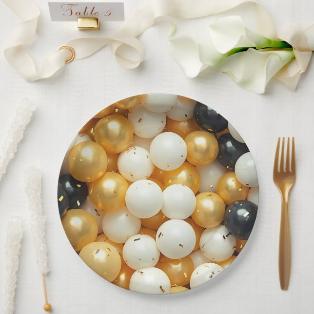 Black and Gold Balloons Anniversary Paper Plate (Wedding)
