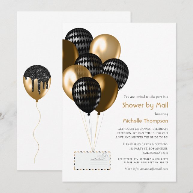 Black and Gold Balloons Bridal Shower by Mail Invitation (Front/Back)