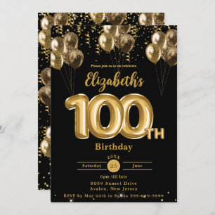 Black and Gold Balloons Confetti 100th Birthday Invitation