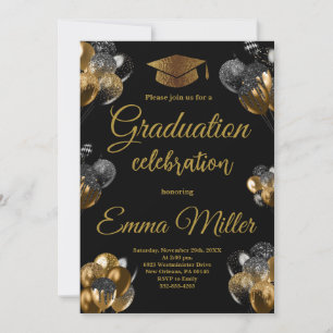 Black and Gold Balloons Graduation Party Invitation