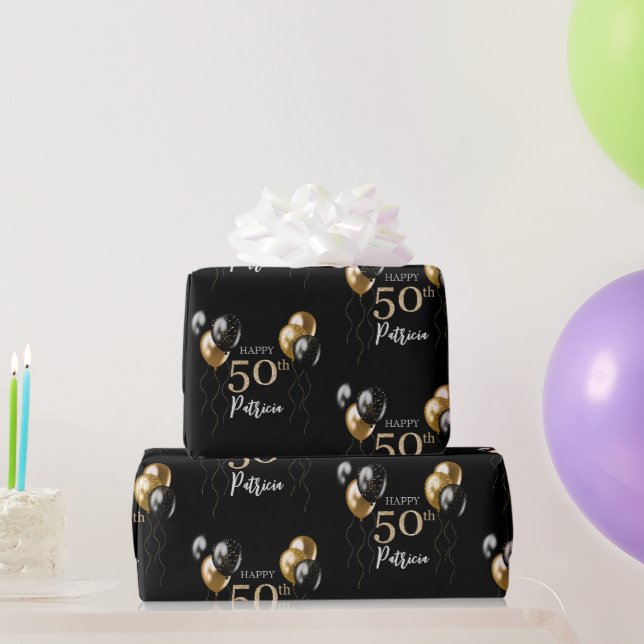 Black and Gold Balloons Happy 50th Birthday Wrapping Paper (Party Gifts)