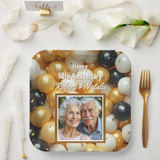 Black and Gold Balloons | Personalized Anniversary Paper Plate (Wedding)
