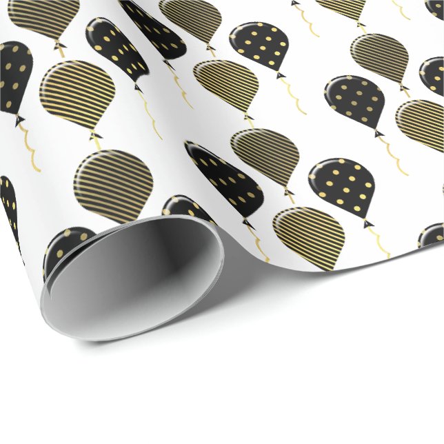 Black and Gold Balloons Wrapping Gift Wrap Paper (Roll Corner)