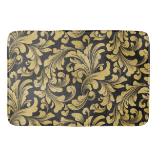 Black and gold baroque floral damask pattern bath mat