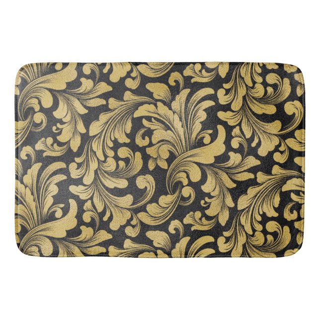 Black and gold baroque floral damask pattern bath mat (Front)