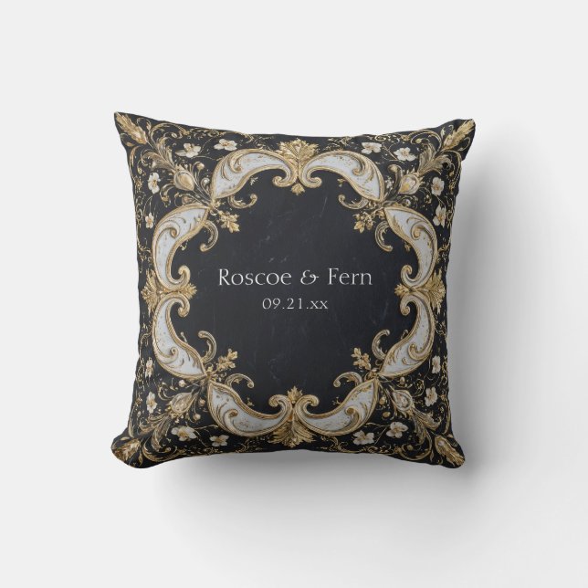 Black and Gold Baroque Floral Wedding Sticker Throw Pillow (Front)
