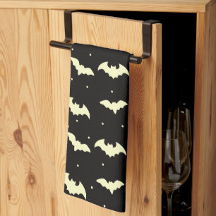 Black and Gold Bats Black Halloween Kitchen Towel