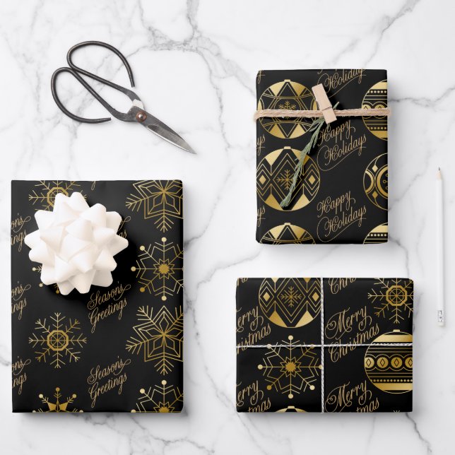 Black And Gold Baubles And Snowflakes Christmas Wrapping Paper Sheet (Front)