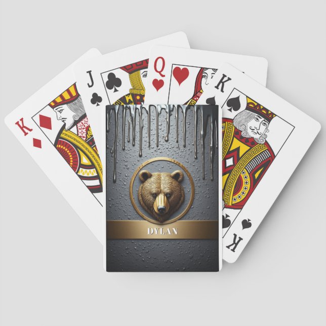 Black And Gold Bear Custom Name Design 🐻 Playing Cards (Back)