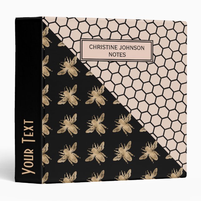 Black and Gold Bees and Pink Honeycomb Monogram Binder (Front/Spine)