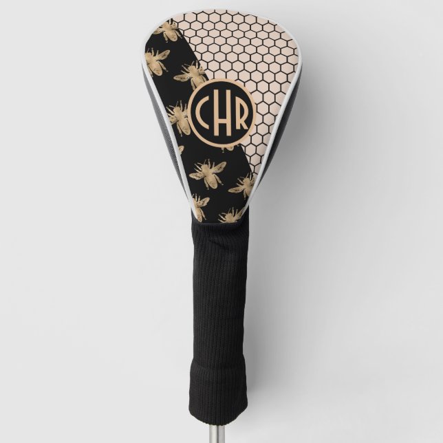 Black and Gold Bees and Pink Honeycomb Monogram Golf Head Cover (Front)