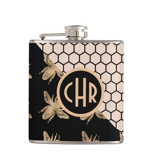 Black and Gold Bees and Pink Honeycomb Monogram Hip Flask (Front)