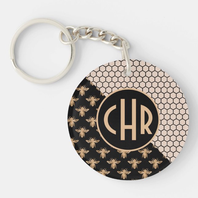 Black and Gold Bees and Pink Honeycomb Monogram Keychain (Front)