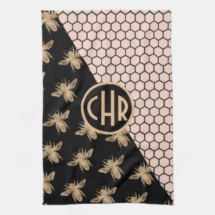 Black and Gold Bees and Pink Honeycomb Monogram Kitchen Towel