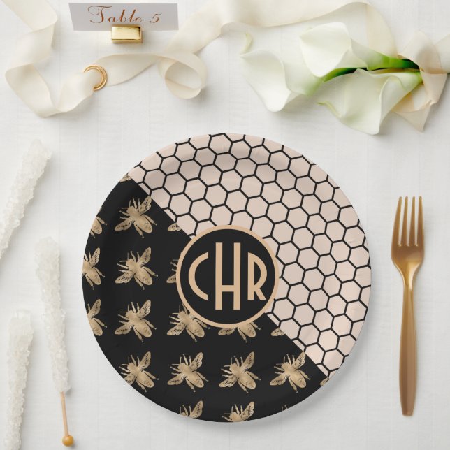 Black and Gold Bees and Pink Honeycomb Monogram Paper Plate (Wedding)