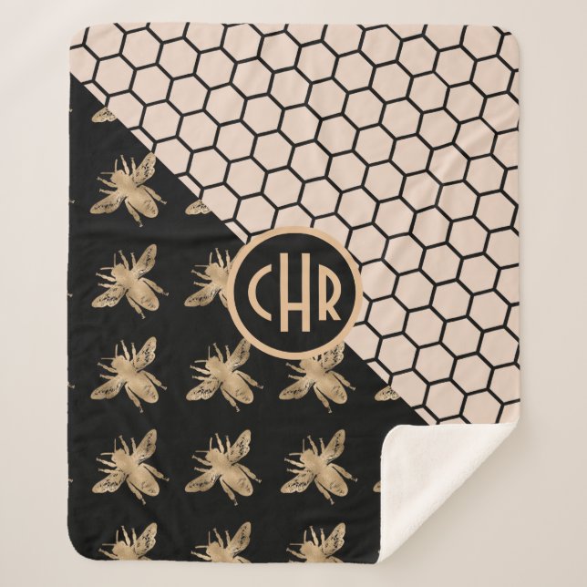 Black and Gold Bees and Pink Honeycomb Monogram Sherpa Blanket (Front)