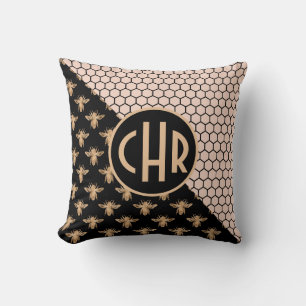 Black and Gold Bees and Pink Honeycomb Monogram Throw Pillow